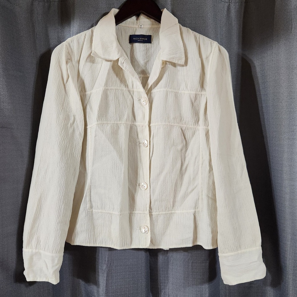 Piazza Sempione Italy Ivory Textured Button Up Jacket Flower Cuff Buttons Sz 40
